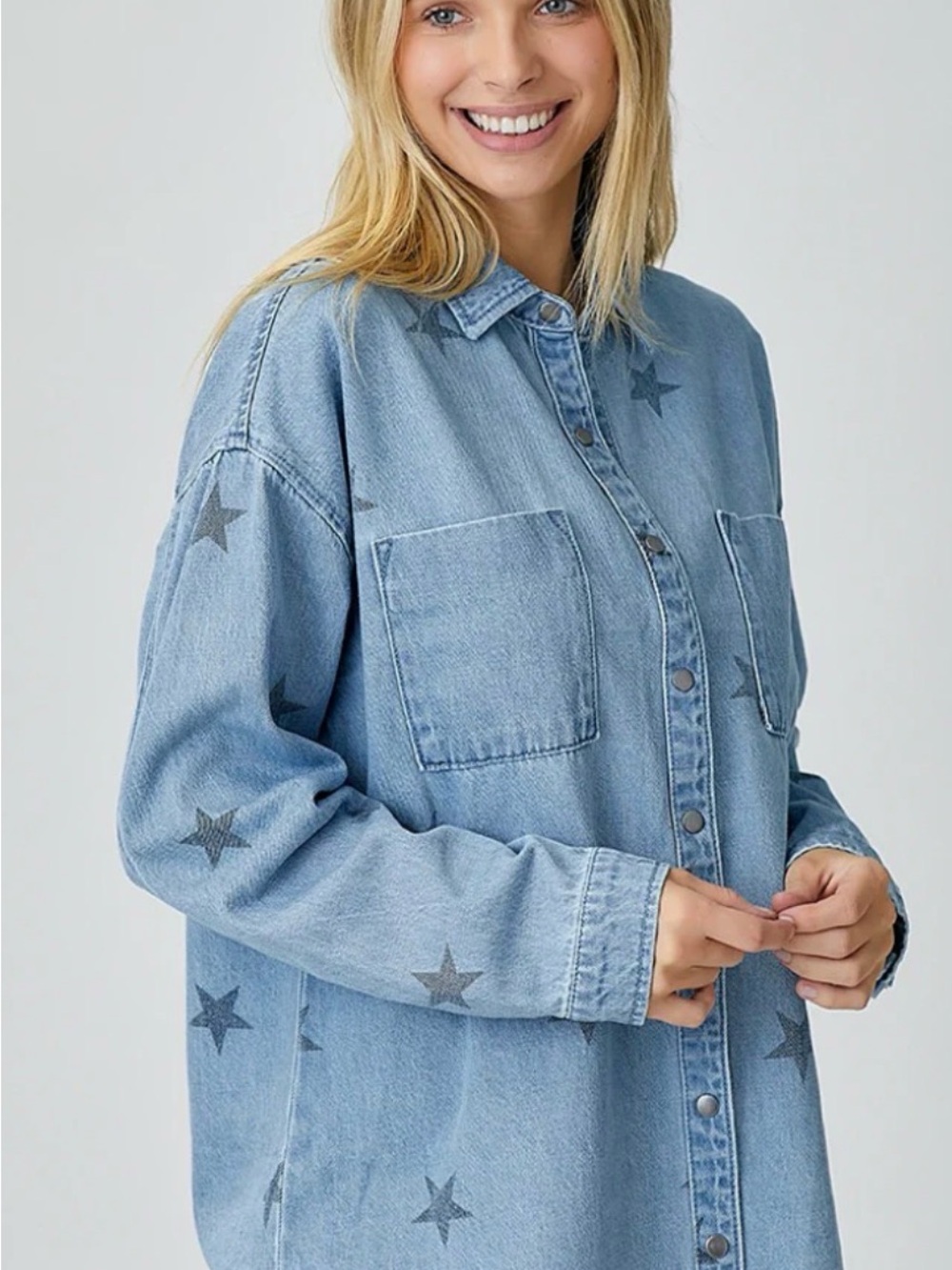 TALULAH Light Blue Star Print Denim Shirt Snap Shacket Jacket